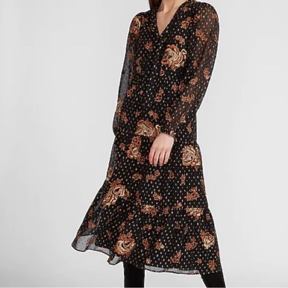 EXPRESS | BLACK METALLIC FLORAL EMBROIDERED TIERED TIE NECK MIDI DRESS XL - Picture 3 of 15